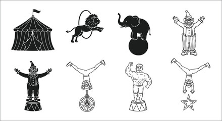 Vintage circus performers and animals in a minimalist black and white style © Hasina