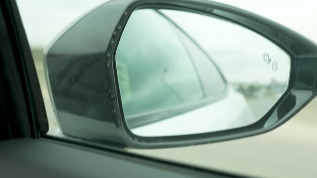 Car Side Mirror with Blind Spot Monitoring System. Modern vehicle side view mirror featuring an integrated blind spot detection warning symbol for enhanced driver safety.