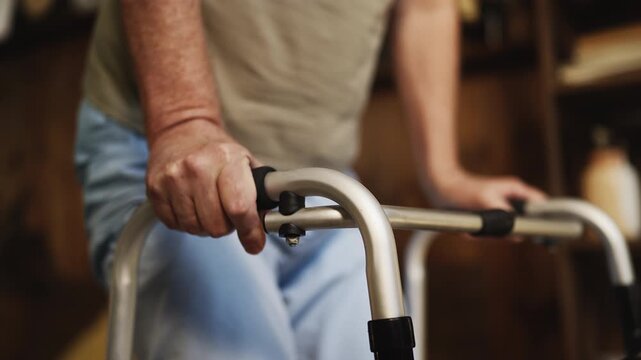 Senior man with chronic illness using walker at home, rehabilitation process
