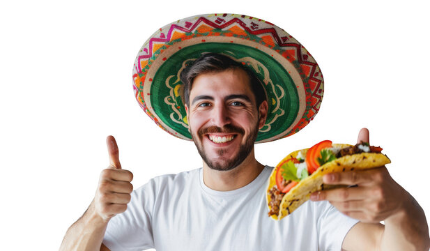 Happy man in sombrero holding taco, giving thumbs up, isolated on white background isolated on transparent background