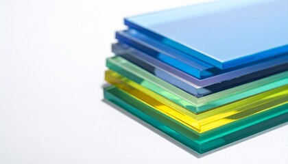 Fototapeta premium Abstract Arrangement of Colorful Glass Sheets on White Background. Calmness and Clarity Concept for Wellness.