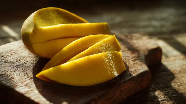 Freshly sliced ripe mango on a rustic wooden cutting board, illuminated by warm natural sunlight. Juicy yellow mango pieces evoke tropical summer vibes and healthy eating inspiration