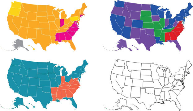 Four distinct graphical representations of the United States map display regional divisions and boundary outlines in various color fills.