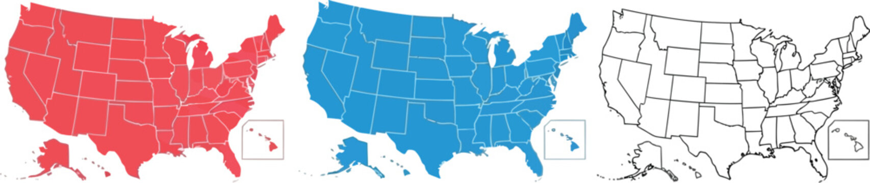 Three distinct map variations of the contiguous United States including Alaska and Hawaii are displayed side-by-side for comparison.