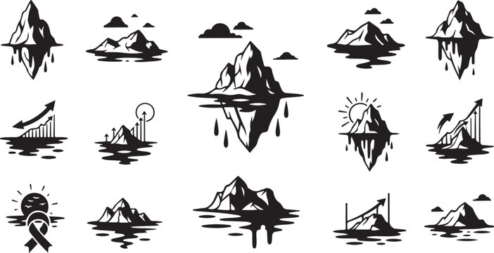 Black and white iceberg illustrations with various designs