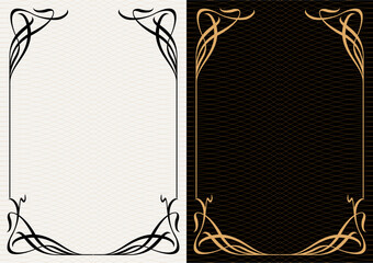 Naklejka na ściany i meble Luxury frame invitation card background vector. Elegant classic antique design, gold lines t, sparkle on black background. Premium design illustration for gala card, grand opening, art deco, magazine.