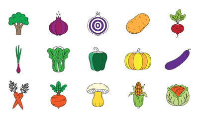 Fototapeta premium Colorful Hand Drawn Vegetable Icons Set Healthy Food Vector Collection