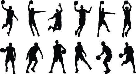 Basketball player silhouettes set featuring dribbling, jumping and shooting poses representing professional sport action, athletic training, team competition concept isolated on white background.v © Krisna