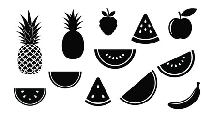 Black silhouettes of various fruits including pineapple watermelon and banana © msunny93