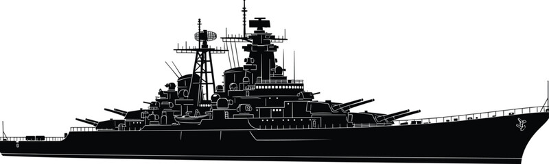 Battleship warship silhouette with heavy artillery and radar systems, representing naval military power, maritime defense operations, ocean combat vessel, and armed forces technology concept. © Krisna