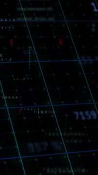 Vertical video: Camera panning starting, numbers pulsing and code scrolling, showing teal grid data