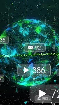 Vertical video: Play bubble appearing 3D globe rotating as bubbles sliding, pulsing, showing stats