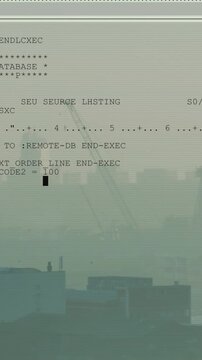 Vertical video: Scanline starting code overlay, text scrolling over hazy port roof, showing orders