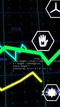 Vertical video: Three neon lines rising from left, crossing, icons marking peaks, showing trends