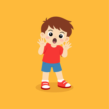 Surprised toddler boy cartoon character in simple flat style  solid background. Cute little kid with wide eyes and amazed expression