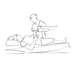 Obraz premium One continuous line drawing on white isolated background. Minimalism linear illustration. hospital, doctor, woman, nurse, patient, health, medicine, female, pregnant, children