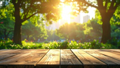 Sunlit Park Scene with Wooden Surface Perfect for Mockups and Product Displays for a Natural Vibe.