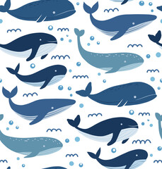 Fototapeta premium Vector childish seamless pattern with hand-drawn whales, waves and bubbles. Marine texture with fish