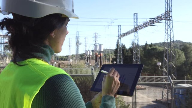 Female engineer in a safety vest using a tablet with a stylus, performing an inspection of a high-voltage electrical substation while monitoring power grid data charts
