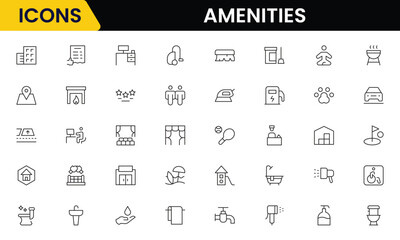 Convenient vector web line icons depicting amenities, facilities, services, pools, gyms, parking, and modern lifestyle conveniences.