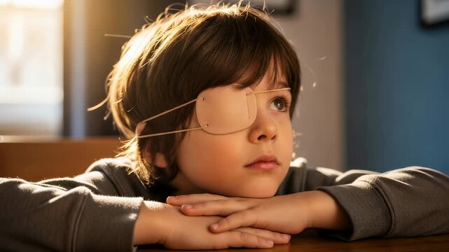 Young boy with eye patch looks around, focusing on vision therapy. Child undergoing amblyopia treatment at home. Pediatric ophthalmology.