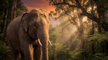 Fototapeta premium Thai elephant in tropical forest at golden sunset