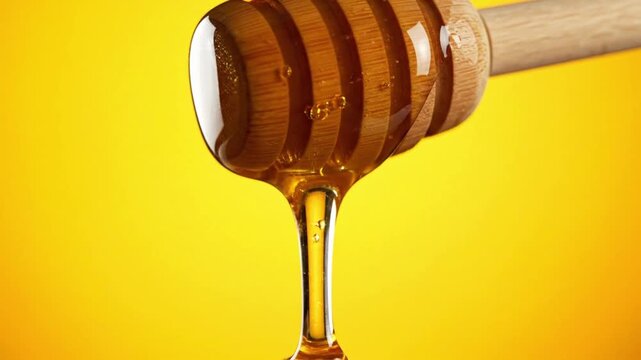 Honey drips from a wooden dipper against a bright yellow background in this simple capture of sweet natural goodness