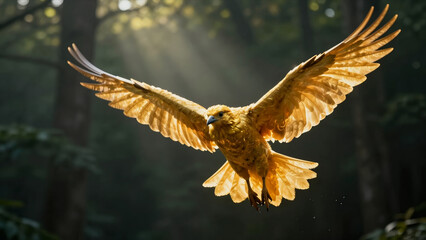 Obraz premium Majestic Golden Eagle In Flight With Wings Spread Wide Against A Sunlit Forest Background, Nature And Wildlife Scene