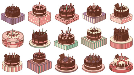 Collection of various chocolate cakes with lit candles on colorful plates and stands against a plain white background in a flat lay composition. © Langit