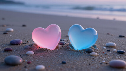 Fototapeta premium Pink And Blue Glass Hearts On Sandy Beach With Pebbles And Ocean Waves In The Background