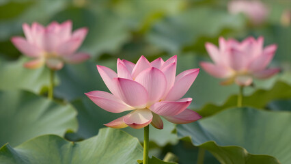 Fototapeta premium Pink Lotus Flowers Blooming In A Serene Pond With Lush Green Leaves In Nature