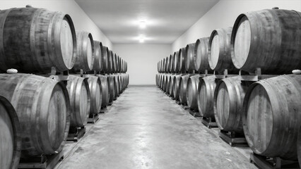 Rows Of Wooden Wine Barrels Stacked In A Large Cellar, Black And White Industrial Storage, Winery Scene