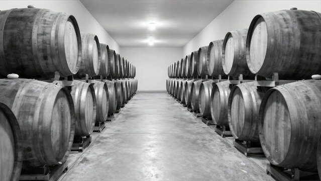 Rows Of Wooden Wine Barrels Stacked In A Large Cellar, Black And White Industrial Storage, Winery Scene
