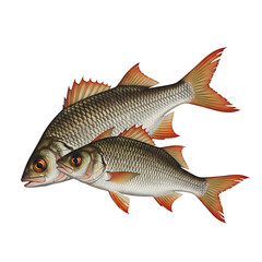 Fototapeta premium Two silver fish with orange fins swimming together on transparent background