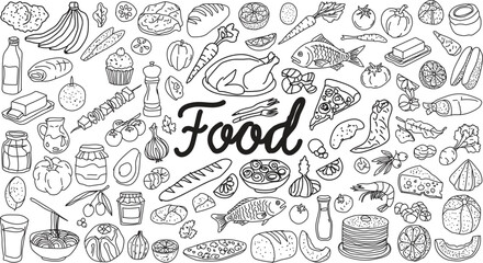 A variety of food items illustrated in a decorative pattern
