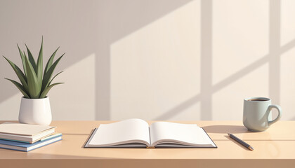 Fototapeta premium open book on a wooden desk with a pen, potted plant, stacked books, and a coffee mug, capturing a calm workspace atmosphere, with copy space