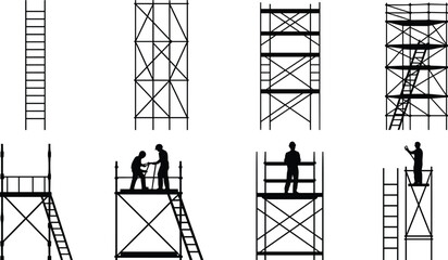 Silhouette construction workers on scaffolding towers with ladders teamwork safety hard work building site industrial scaffold assembly project  © Iqbal creative 