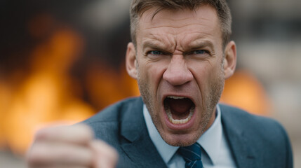 Fototapeta premium Furious Man Screaming: An intense close-up of a man expressing anger. His face is contorted in a scream, conveying fury and frustration, with a backdrop of a fiery blaze emphasizing the intensity.