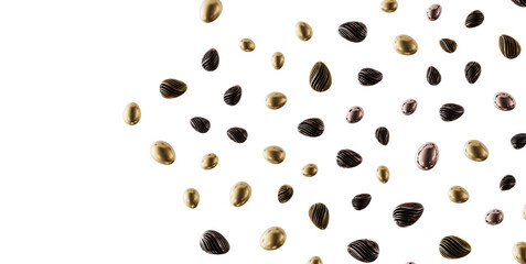Artistic gold and bronze eggs, abstract floating on a clean white backdrop. Perfect for elegant and...