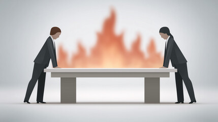 Balancing Act: Two professional individuals struggle to maintain stability amidst fiery intensity, illustrating resilience and facing challenges. 