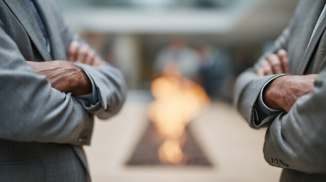 Negotiation Standoff: Two business people stand in a tense negotiation, arms crossed and faces obscured, at the table. Their body language speaks volumes. The background is blurred, drawing focus.