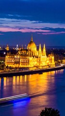 Obraz premium A large ornate building on a waterfront at dusk