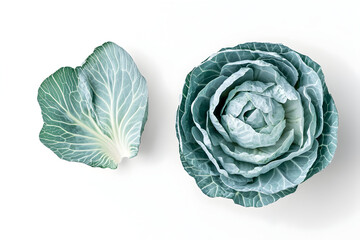 Obraz premium Top view of a fresh green cabbage and a single leaf isolated on white