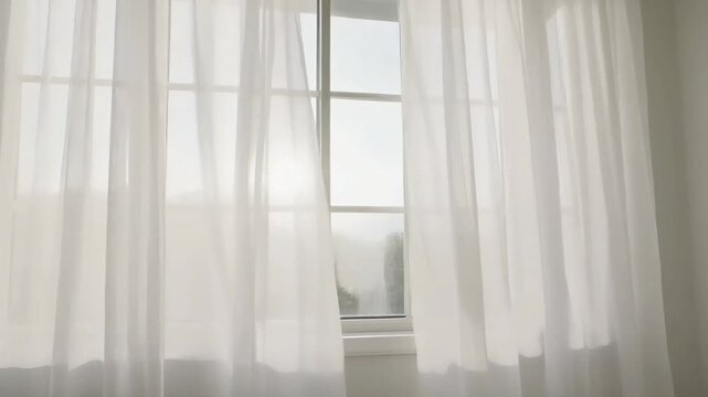 Sunlight streams through the window as sheer white curtains billow softly, creating a calm ambiance in a cozy sunroom.