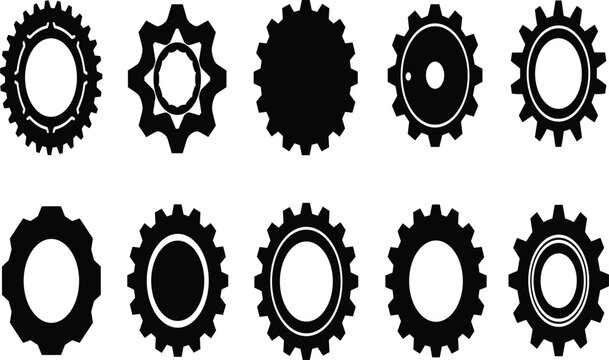 Collection of ten stylized gear vector icons featuring diverse mechanical designs with unique teeth patterns for engineering, machinery, and graphic artwork