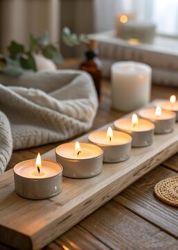 Row of lit tea light candles on a wooden plank with soft focus background Keywords: candles, tea lights, tealights