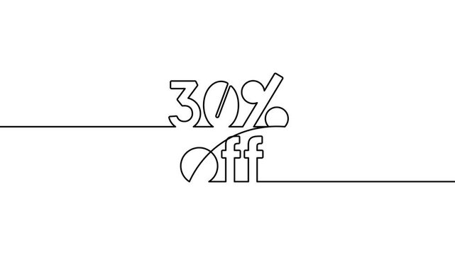 30 percentage off text continuous one line art animated single drawn animation typography on white black background. marketing sale offer thirty percentage off word 4k video