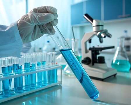 Scientist Holding Test Tube with Blue Liquid in Laboratory photo stock