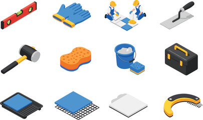 Isometric construction tools icons, level, gloves, tile workers, trowel, hammer, sponge, bucket, toolbox, flooring equipment, vector illustration set © Shahinur