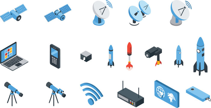 Isometric space technology icons collection featuring satellites, rockets, telescope, wireless communication devices, modern aerospace digital innovation vector illustration set